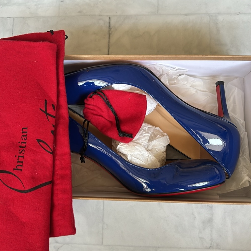 Christian Louboutin 70mm Simple Pump in Blue Patent Leather